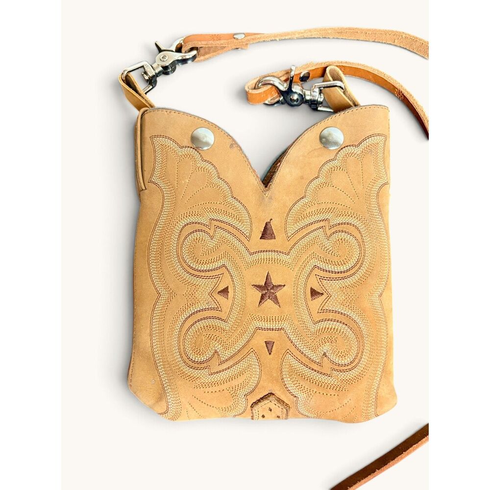 Genuine Leather Western Tooled Crossbody Bag Cowboy Boot Style Boho